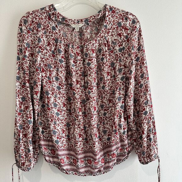 Lucky Brand Tops - Lucky Brand Floral Peasant Top Print Red Blue Long Sleeve Elastic Hem Boho Sz M